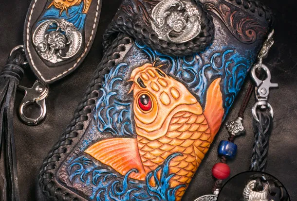 Handmade Leather Long Black Biker Wallet Leather Chain Wallet Men Red Carp Tooled Wallets