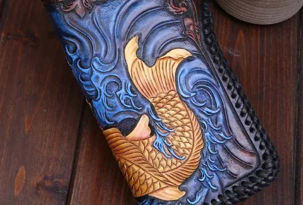 Handmade Leather Long Black Biker Wallet Leather Chain Wallet Men Red Carp Tooled Wallets