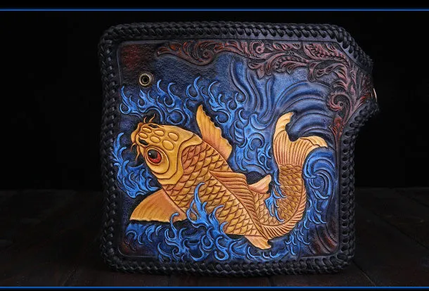 Handmade Leather Long Black Biker Wallet Leather Chain Wallet Men Red Carp Tooled Wallets
