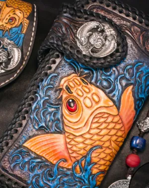 Handmade Leather Long Black Biker Wallet Leather Chain Wallet Men Red Carp Tooled Wallets