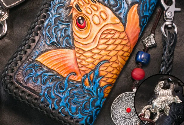 Handmade Leather Long Black Biker Wallet Leather Chain Wallet Men Red Carp Tooled Wallets