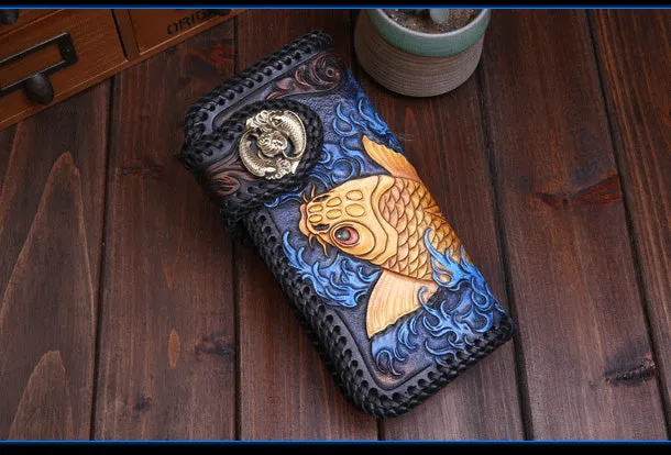 Handmade Leather Long Black Biker Wallet Leather Chain Wallet Men Red Carp Tooled Wallets