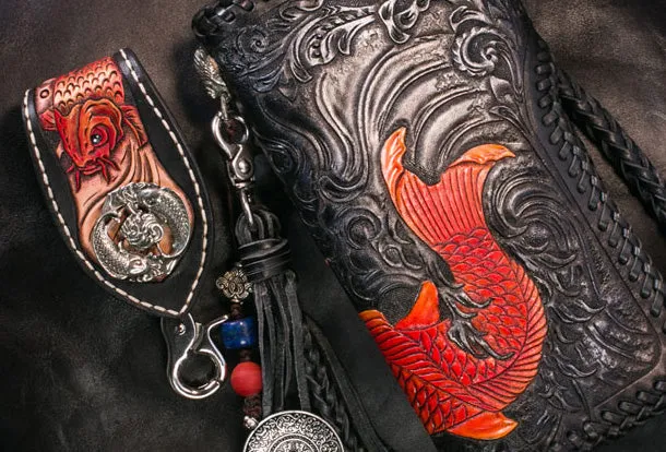 Handmade Leather Long Black Biker Wallet Trucker Wallet Leather Chain Men Red Carp Tooled Wallet