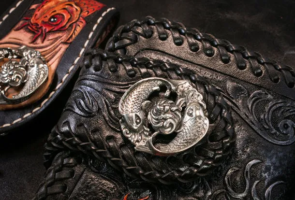 Handmade Leather Long Black Biker Wallet Trucker Wallet Leather Chain Men Red Carp Tooled Wallet