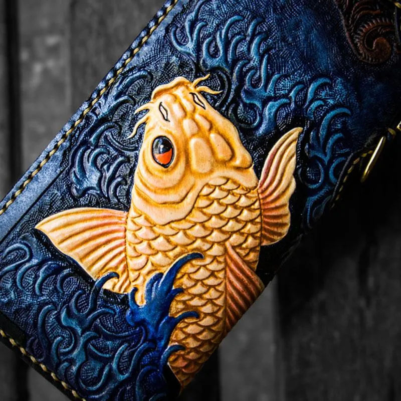 Handmade Leather Men Tooled Carp Cool Leather Biker Wallets Long Wallets for Men