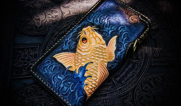 Handmade Leather Men Tooled Carp Cool Leather Biker Wallets Long Wallets for Men