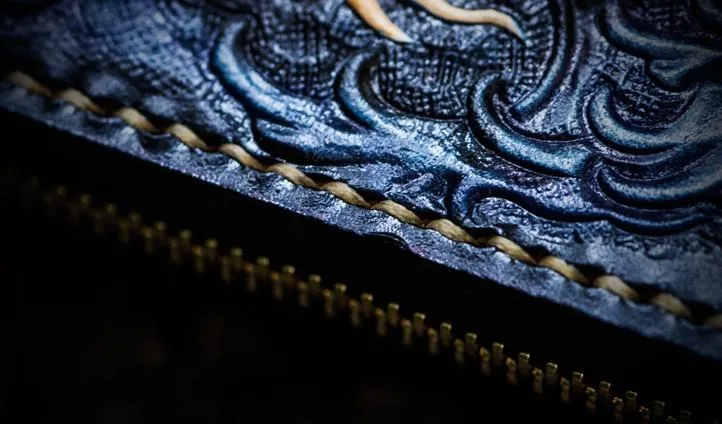 Handmade Leather Men Tooled Carp Cool Leather Biker Wallets Long Wallets for Men