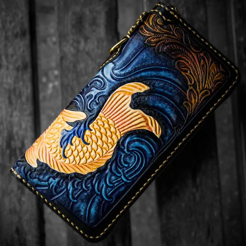 Handmade Leather Men Tooled Carp Cool Leather Biker Wallets Long Wallets for Men