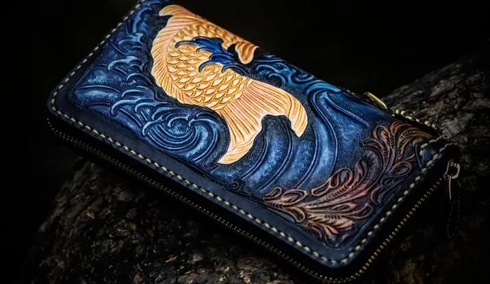 Handmade Leather Men Tooled Carp Cool Leather Biker Wallets Long Wallets for Men