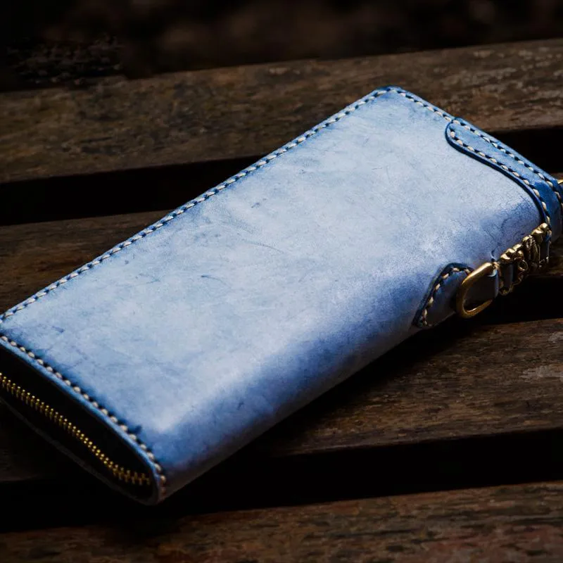 Handmade Leather Mens Biker Chain Wallet Cool Leather Wallet Long Clutch Wallets for Men