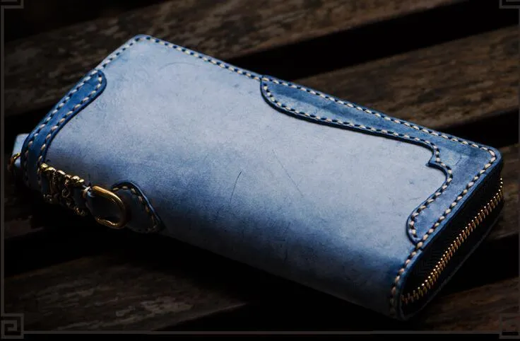 Handmade Leather Mens Biker Chain Wallet Cool Leather Wallet Long Clutch Wallets for Men