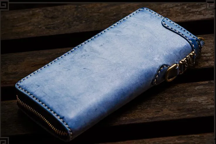 Handmade Leather Mens Biker Chain Wallet Cool Leather Wallet Long Clutch Wallets for Men
