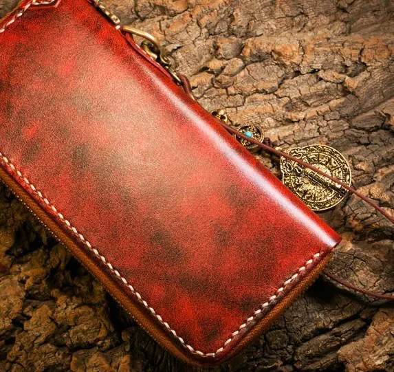 Handmade Leather Mens Chain Biker Wallet Cool Leather Wallet Long Phone Wallets for Men
