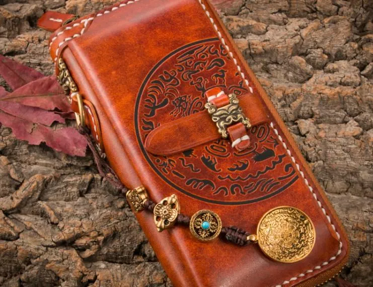 Handmade Leather Mens Chain Biker Wallet Cool Leather Wallet Long Phone Wallets for Men