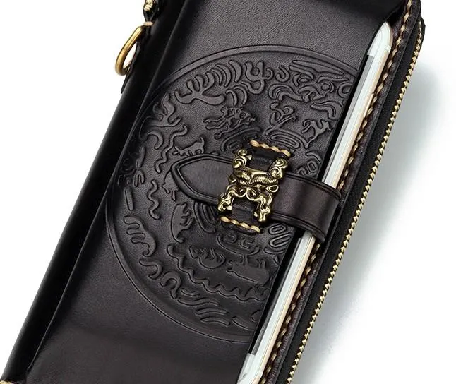 Handmade Leather Mens Chain Biker Wallet Cool Leather Wallet Long Phone Wallets for Men
