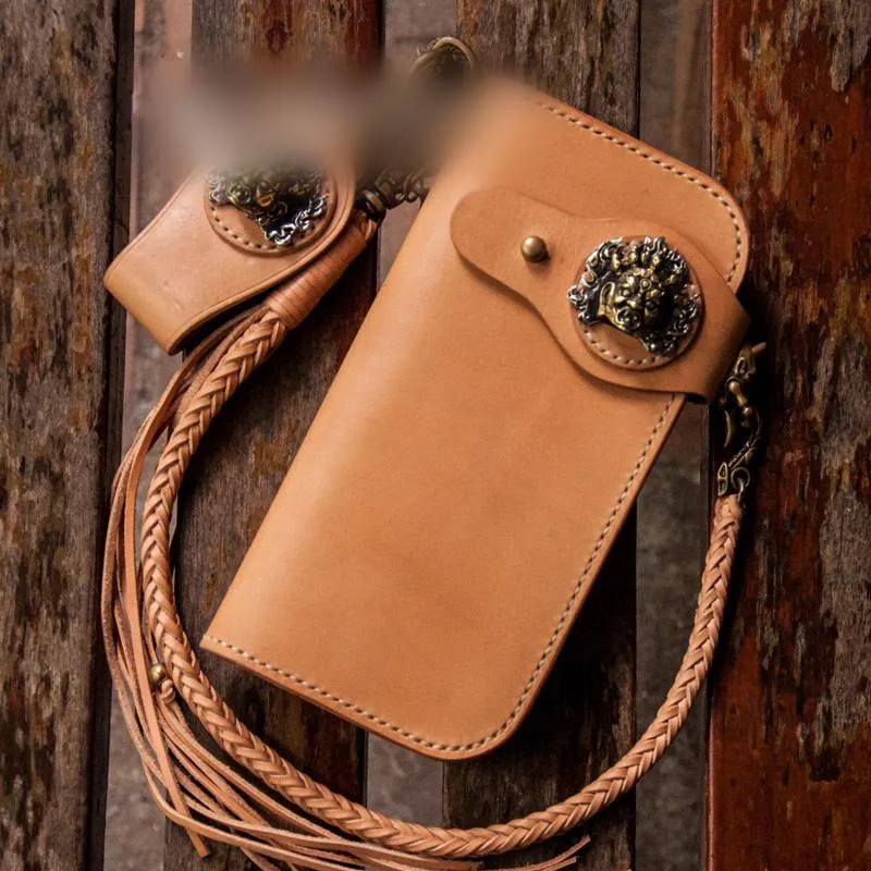 Handmade Leather Mens Chain Biker Wallet Cool Long Leather Wallet With Chain Wallets for Men