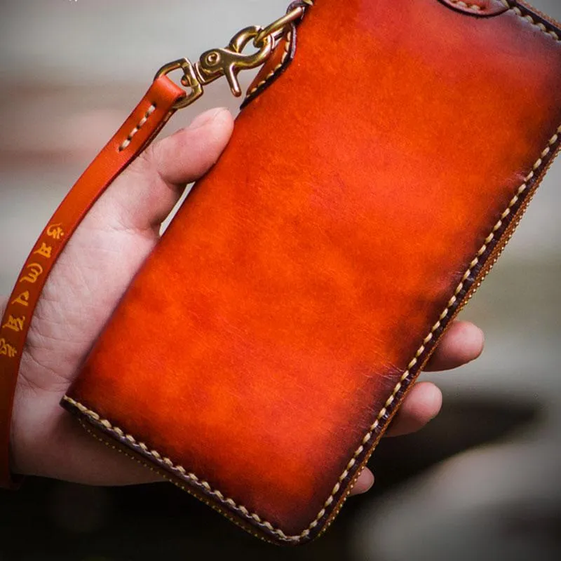 Handmade Leather Mens Chain Biker Wallets Cool Leather Wallet Long Clutch Wallet for Men