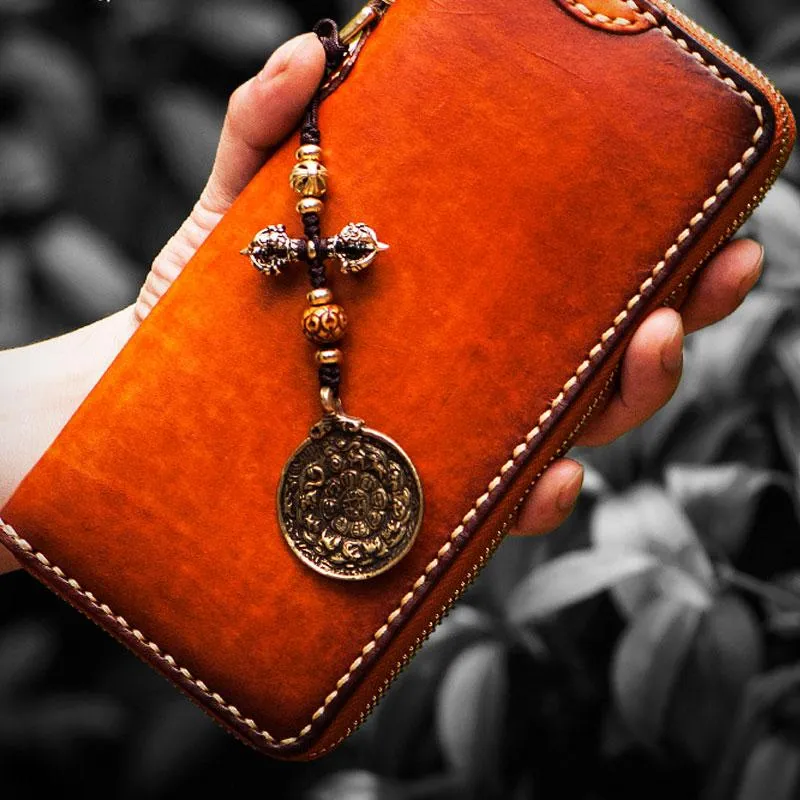 Handmade Leather Mens Chain Biker Wallets Cool Leather Wallet Long Clutch Wallet for Men