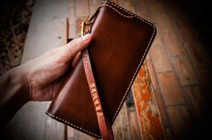Handmade Leather Mens Chain Biker Wallets Cool Leather Wallet Long Clutch Wallet for Men