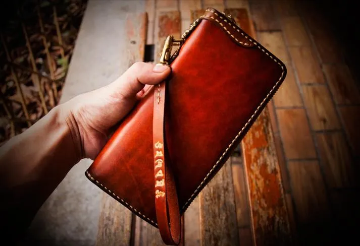 Handmade Leather Mens Chain Biker Wallets Cool Leather Wallet Long Clutch Wallet for Men