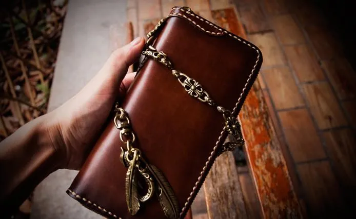 Handmade Leather Mens Chain Biker Wallets Cool Leather Wallet Long Clutch Wallet for Men