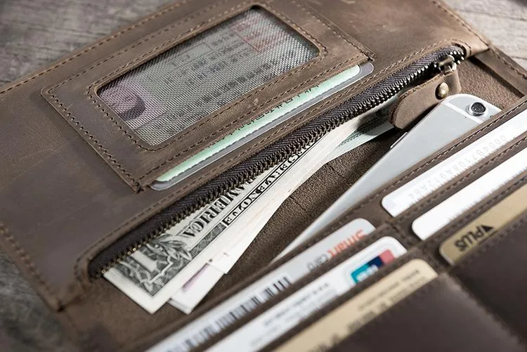Handmade Leather Mens Clutch Wallet Cool Leather Wallet Long Phone Wallets for Men