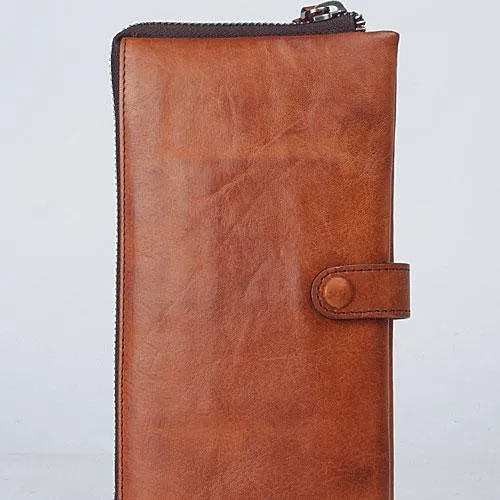 Handmade Leather Mens Cool Long Leather Wallet Bifold Clutch Wallet for Men