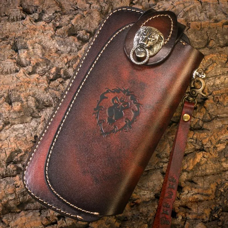 Handmade Leather Mens Cool Long World of Warcraft Leather Chain Wallet Cards Biker Trucker Wallet