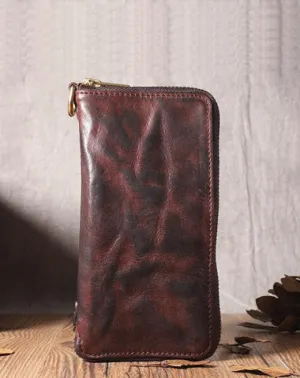 Handmade Leather Mens Long Chain Wallet Bifold Biker Wallet Zipper Clutch Wallet for Men