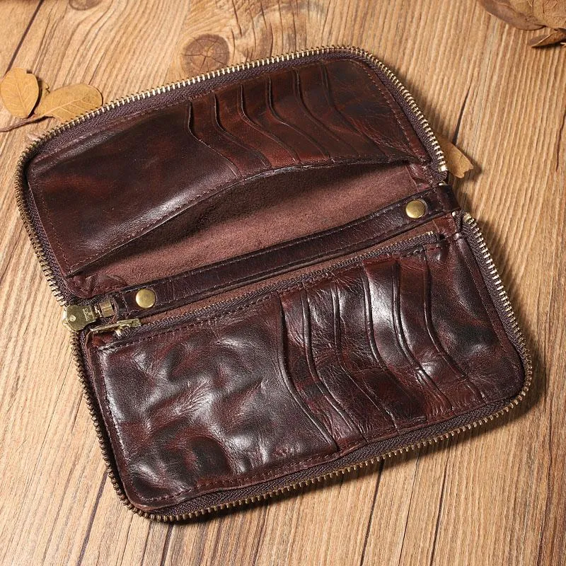 Handmade Leather Mens Long Chain Wallet Bifold Biker Wallet Zipper Clutch Wallet for Men