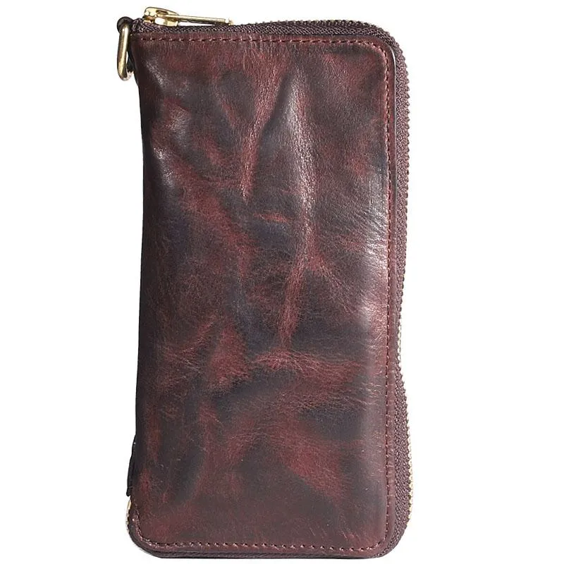 Handmade Leather Mens Long Chain Wallet Bifold Biker Wallet Zipper Clutch Wallet for Men