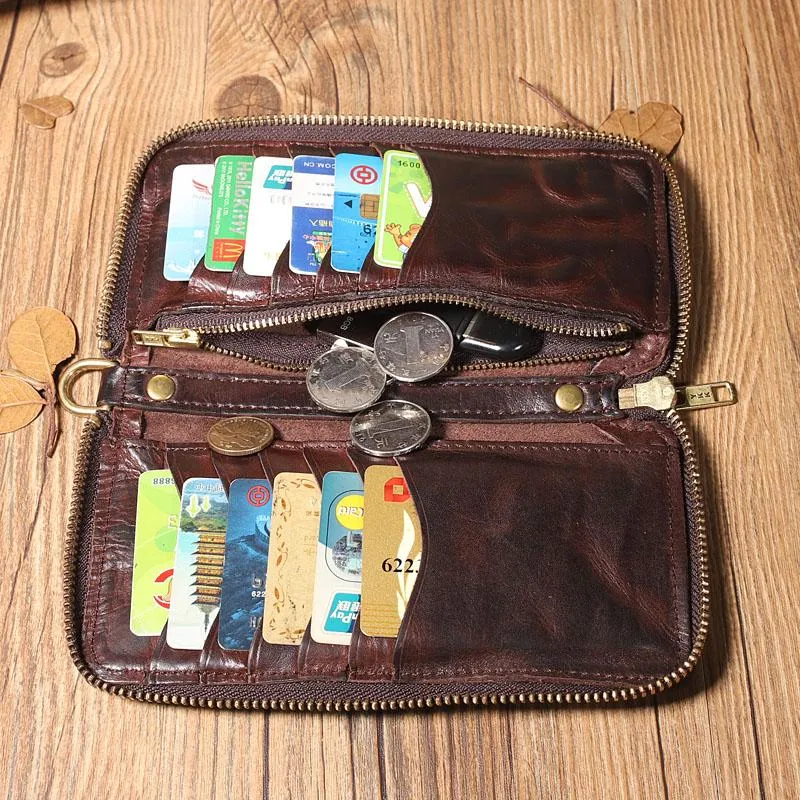 Handmade Leather Mens Long Chain Wallet Bifold Biker Wallet Zipper Clutch Wallet for Men