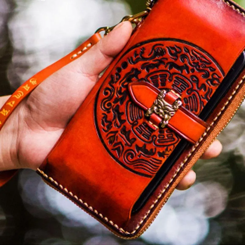 Handmade Leather Mens Tibetan Chain Biker Wallets Cool Leather Clutch Wallet Long Wallets for Men