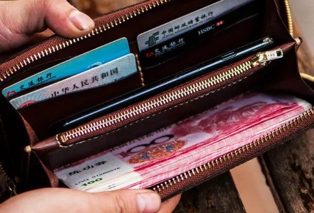 Handmade leather prajna biker wallet chain long wallets brown leather for men