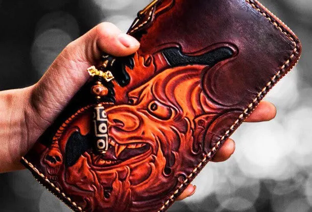 Handmade leather prajna biker wallet chain long wallets brown leather for men