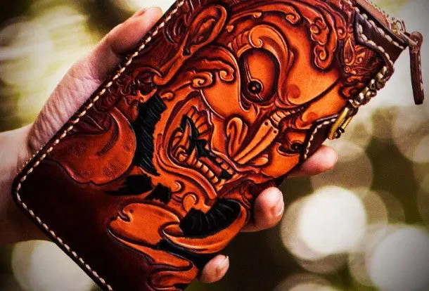 Handmade leather prajna biker wallet chain long wallets brown leather for men