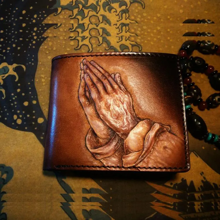 Handmade Leather Praying Tooled Mens billfold Wallet Cool Leather Wallet Slim Wallet for Men