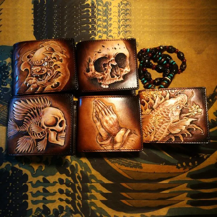 Handmade Leather Praying Tooled Mens billfold Wallet Cool Leather Wallet Slim Wallet for Men