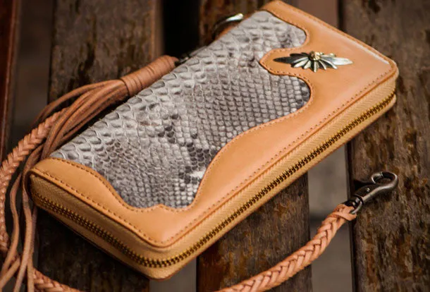 Handmade leather raw python skin biker wallet Cool long chain wallet for men