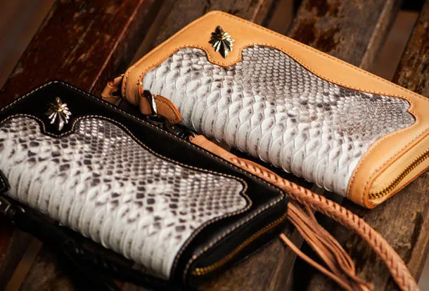 Handmade leather raw python skin biker wallet Cool long chain wallet for men