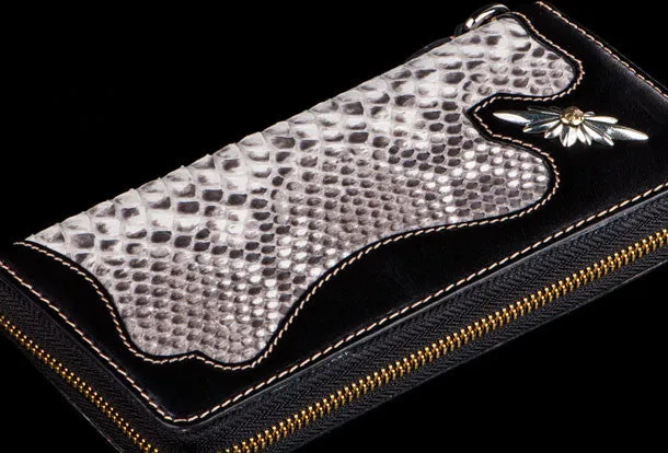 Handmade leather raw python skin biker wallet Cool long chain wallet for men