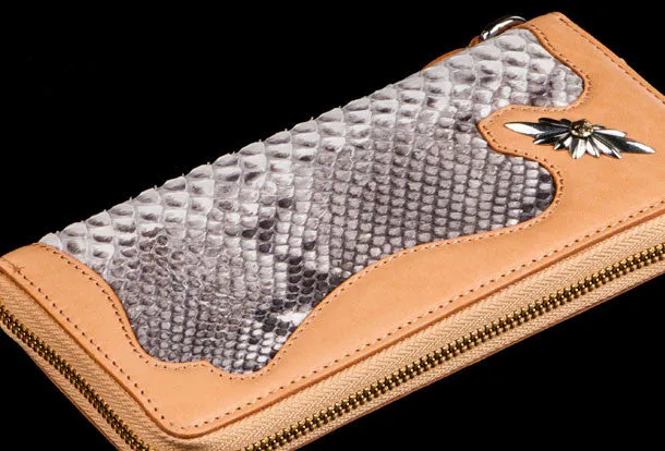 Handmade leather raw python skin biker wallet Cool long chain wallet for men