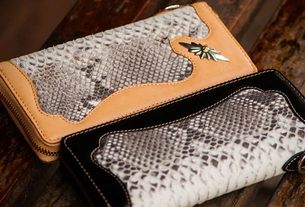 Handmade leather raw python skin biker wallet Cool long chain wallet for men