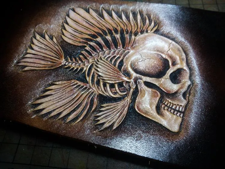 Handmade Leather Skull Tooled Mens billfold Wallet Cool Leather Wallet Slim Wallet for Men