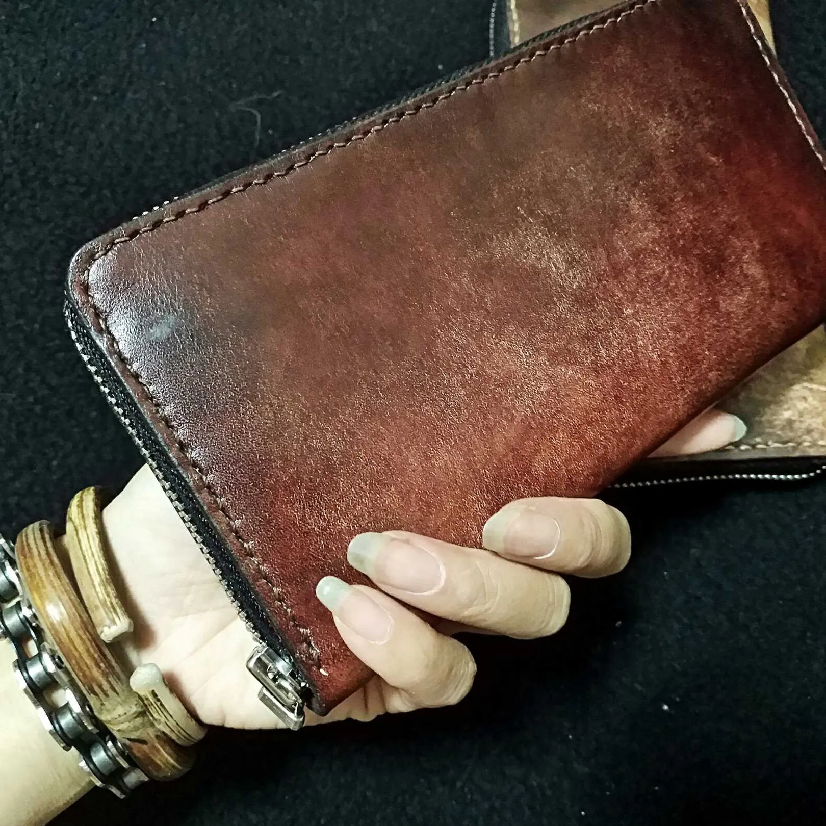 Handmade Leather Skull Totoro Tooled Mens Long Wallet Cool Leather Wallet Clutch Wallet for Men
