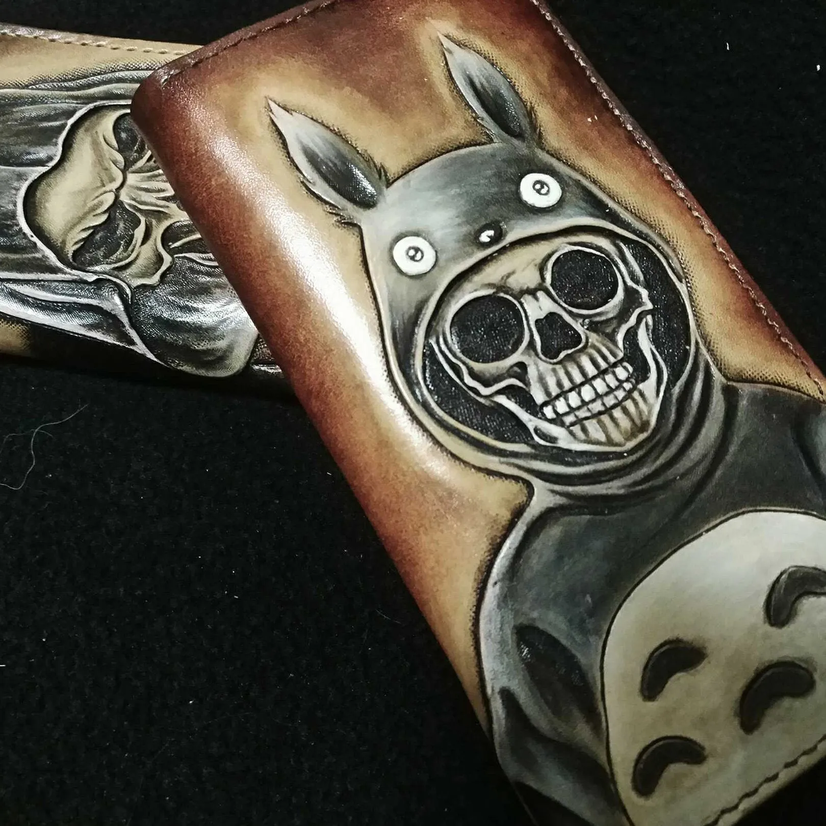 Handmade Leather Skull Totoro Tooled Mens Long Wallet Cool Leather Wallet Clutch Wallet for Men
