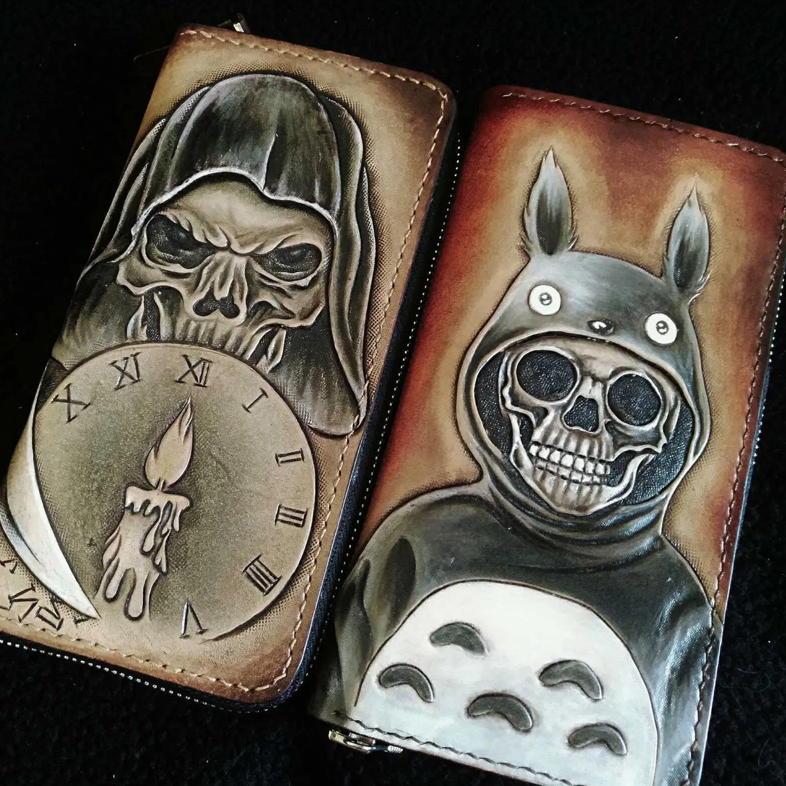 Handmade Leather Skull Totoro Tooled Mens Long Wallet Cool Leather Wallet Clutch Wallet for Men