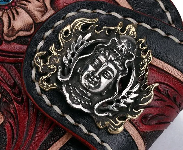 Handmade Leather Small Tooled Floral Mens billfold Wallet Cool Chain Wallet Biker Wallet for Men