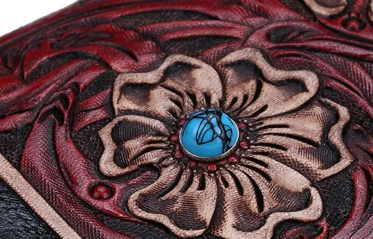 Handmade Leather Small Tooled Floral Mens billfold Wallet Cool Chain Wallet Biker Wallet for Men
