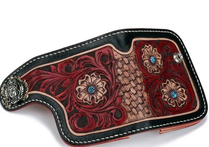Handmade Leather Small Tooled Floral Mens billfold Wallet Cool Chain Wallet Biker Wallet for Men